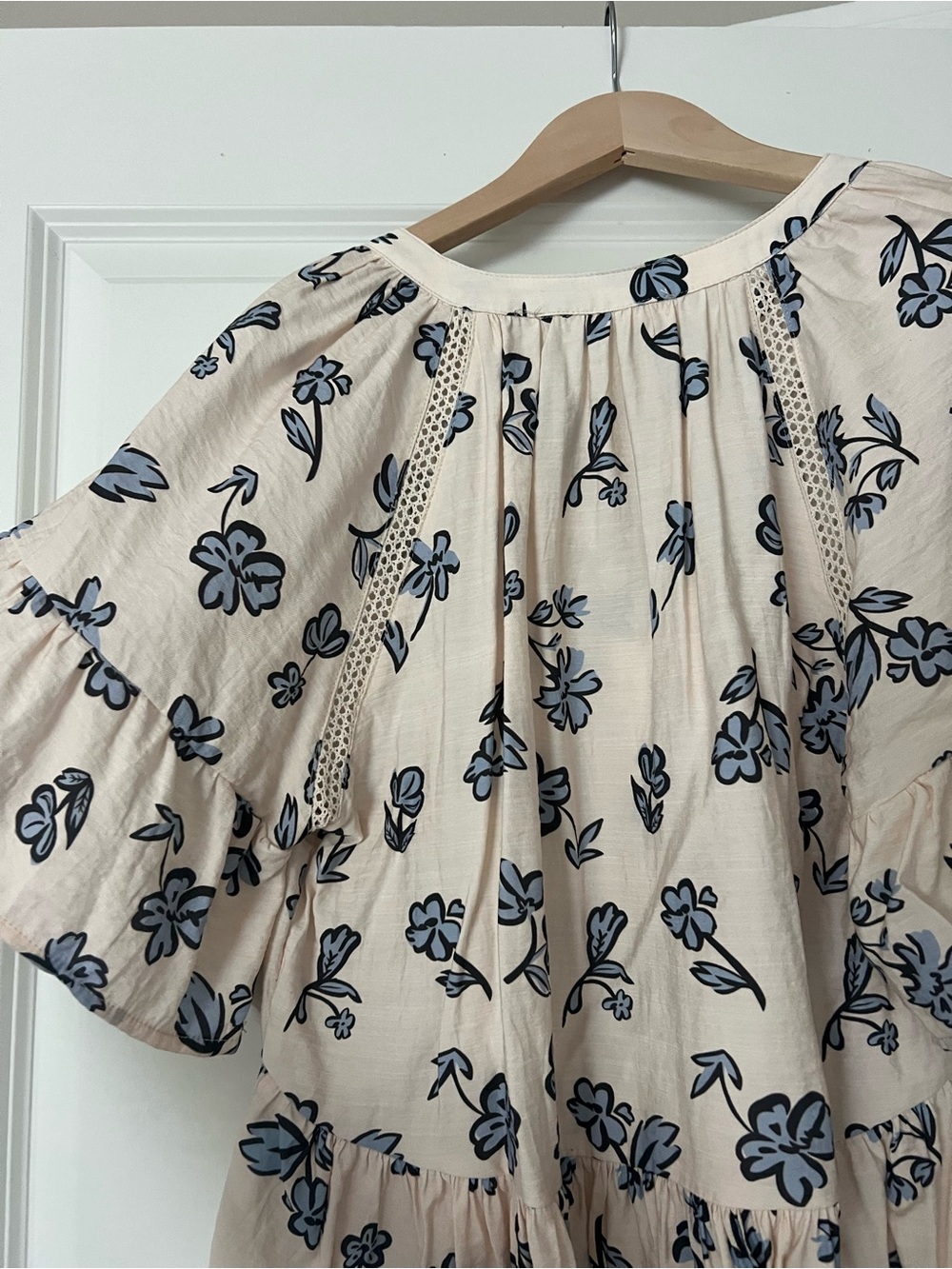 Peasant Floral Button-Front Blouse - Cream with Blue Floral - Picture 5 of 5